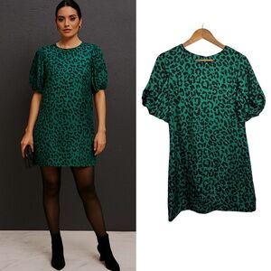 MILLY Melinda Short-Sleeve Leopard-Print Silk Shift Dress | Emerald Green Mini 6